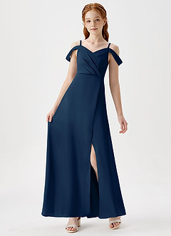 Azazie Ocean Junior Dark Navy A-Line Off the Shoulder Stretch Satin Dress image6