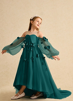 Azazie Karrie Flower Girl Dresses Peacock A-Line with Sleeves Tulle Dress image5