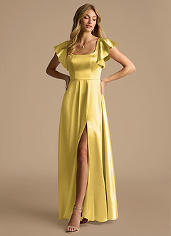 Azazie Bondi Brudtärnklänningar Klä av A-Linje i Metallisk satin Rosett Kanariefågel image4