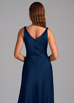 Azazie Nerine Bridesmaid Dresses Dark Navy A-Line Pleated Stretch Satin Dress image2