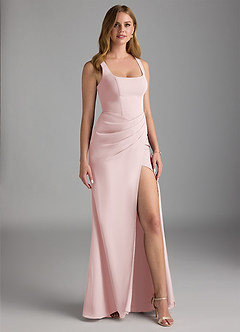 Azazie Mero Robes de demoiselle d'honneur Robe Fourreau en Mousseline de soie Plissée Rose Pâle image1