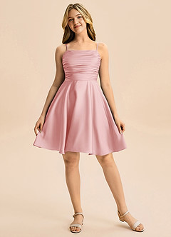 Azazie Miko Junior Powder Pink A-Line Pleated Stretch Satin Dress image5