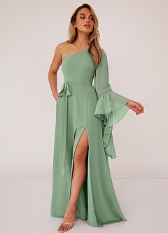 Barbie ♥ Azazie Bridesmaid Dresses Matcha A-Line Long Sleeve Chiffon Dress image3