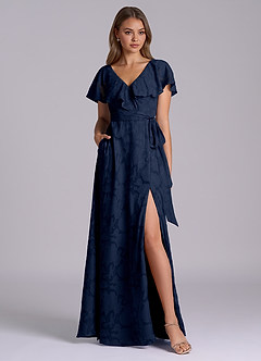 Azazie Lainey 신부 들러리 드레스 A라인 포켓이 있는 플로럴 번아웃 바닥 길이 드레스 image3