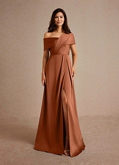 Azazie Milton At-home Try On Dresses Copper A-Line Pleated Stretch Satin Dress image7