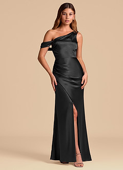 Azazie Madelyn Suknie dla druhen Syrena Zza ramienia Metaliczny satynowy Do ziemi Sukienka image4