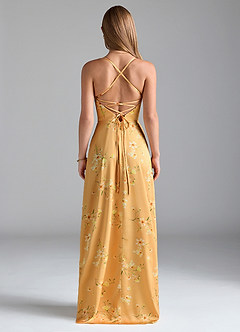 Azazie Mei Bridesmaid Dresses Golden Blooms A-Line V-Neck Stretch Satin Dress image2