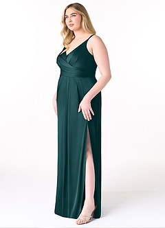 Azazie Aqua Bridesmaid Dresses Pine A-Line V-Neck Pleated Stretch Satin Dress image10