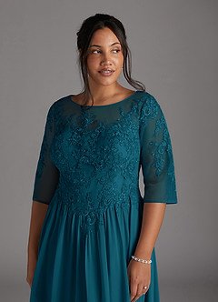 Azazie Mirielle Kleider für die Brautmutter A-Linie Schaufel Spitze Chiffon Kleid Tintenblau image12
