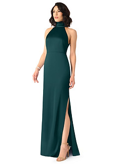 Azazie x Delaney Robes de demoiselle d'honneur Robe Fourreau en Satin extensible Col Haut Vert Pin image2