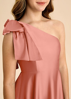 Azazie Penguin Junior Salmon Pink A-Line Bow Stretch Satin Dress image7