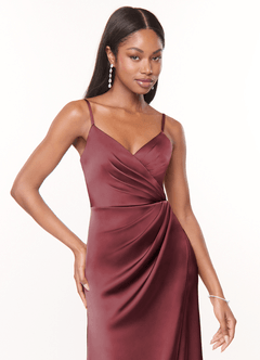 Azazie Maci Bridesmaid Dresses Merlot A-Line V-Neck Pleated Stretch Satin Dress image5
