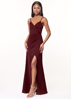 Azazie Maci Brautjungfernkleider A-Linie V-Hals Gefaltet Stretch-Satin Kleid Cabernetrot image3