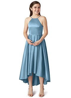 Azazie Jemima Junior Steel Blue A-Line with Pockets Stretch Satin Dress image4
