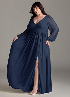 Azazie Norah Bridesmaid Dresses Dark Navy A-Line V-Neck Long Sleeve Chiffon Dress image10