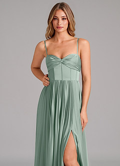 Azazie Akiko At-home Try On Dresses Agave A-Line Sweetheart Neckline Stretch Satin Dress image8