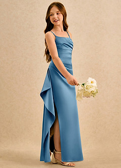Azazie Cannoli Girls Formal Blumenmädchenkleider A-Linie Plissee Matte Satin Kleid Stahlblau image4