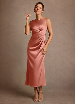 Azazie Mazhe vestidos de madre de la novia Vestido de Rosa Salmón de Satén Elástico de Corte en A con Plisado image1