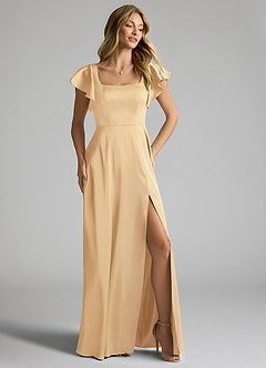 Azazie Bondi Bridesmaid Dresses Gold A-Line Bow Stretch Satin Dress image2