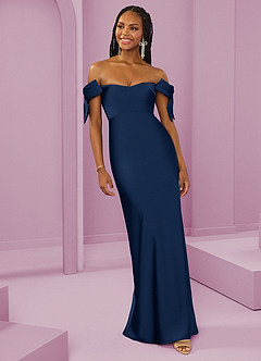 Barbie ♥ Azazie Bridesmaid Dresses Dark Navy Sheath Off the Shoulder Stretch Satin Convertible Dress image4