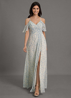 Azazie Dakota Robes de demoiselle d'honneur Robe Trapèze en Mousseline de soie Col V plissé Floral Azur image3