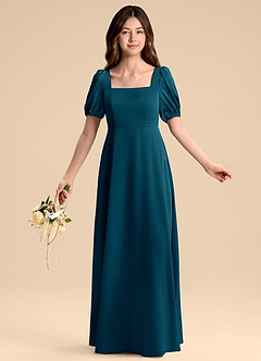 Azazie Briar Junior Ink Blue A-Line Bow Stretch Satin Dress image5