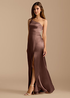 Azazie Trina At-home Try On Dresses Auburn A-Line One Shoulder Metallic Satin Dress image1