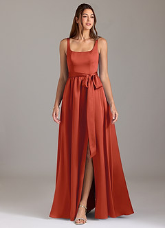 Azazie Elliott Bridesmaid Dresses Rust A-Line with Pockets Stretch Satin Dress image3