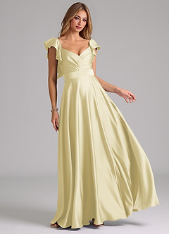 Azazie Leilani Bridesmaid Dresses Lemon Sorbet A-Line Ruched Stretch Satin Dress image1