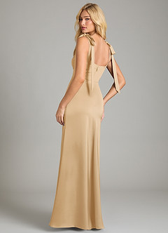 Azazie Frostine Bridesmaid Dresses Gold A-Line Bow Stretch Satin Dress image8
