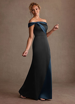 Azazie Constance Mother of the Bride Dresses Black Dark Navy Mermaid Off the Shoulder Stretch Satin Dress image4