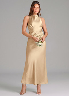 Azazie Evadne Vestidos de damas de honor Vestido de Champán de Satén Elástico de Corte Recto con Plisado image3