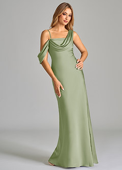 Azazie Celina Bridesmaid Dresses Dusty Sage Sheath Off the Shoulder Stretch Satin Dress image1