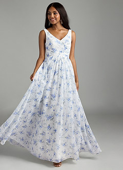 Azazie Keyla Bridesmaid Dresses Blue Cottage Floral A-Line V-Neck Pleated Chiffon Dress image2
