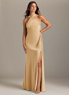 Azazie Kinsley Bridesmaid Dresses Gold Mermaid Side Slit Stretch Satin Dress image1