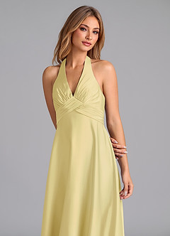 Azazie Tessie Vestidos de damas de honor Vestido de Sorbete De Limón de Satén Elástico de Corte en A con Plisado image3