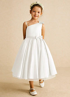 Azazie Lollipop Flower Girl Dresses Ivory A-Line One Shoulder Matte Satin Dress image2