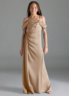 Azazie Amyra Junior Taupe Sheath Off the Shoulder Stretch Satin Dress image1