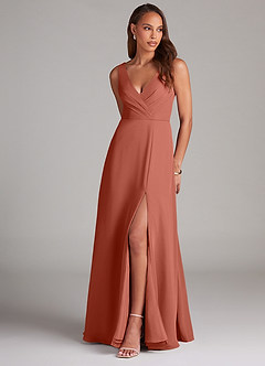 Azazie Nelly Robes de demoiselle d'honneur Robe Trapèze en Mousseline de soie Plissée Argile image1