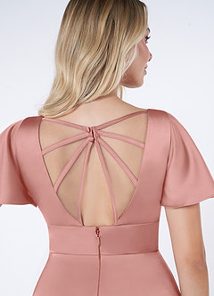 Azazie Lani Bridesmaid Dresses Rosette A-Line Flounce Sleeve Stretch Satin Dress image3