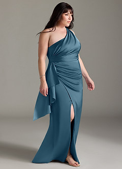 Azazie Maive Brautjungfernkleider Etui Gestreift Stretch-Satin Kleid Bermudablau image8