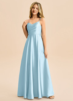 Azazie Rumi Junior Abito A-Line in Raso Elasticizzato Plissettato Azzurro image3