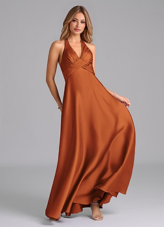 Azazie Tessie Bridesmaid Dresses Cinnamon A-Line Pleated Stretch Satin Dress image4