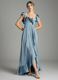 Azazie Lyra Bridesmaid Dresses Dusty Blue A-Line Off the Shoulder Stretch Satin Convertible Dress image3