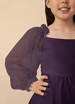 Azazie Aya Flower Girl Dresses Plum A-Line with Sleeves Tulle Dress image3