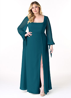 Azazie Leonia Robes de demoiselle d'honneur Robe Trapèze en Mousseline de soie Manche longue Bleu Encre image8