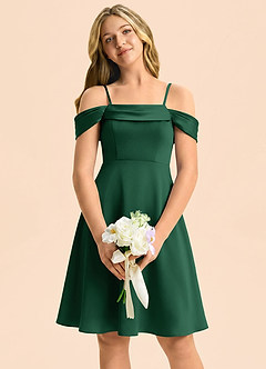 Azazie Anselie Junior Robe Trapèze en Satin extensible Épaules dénudées Vert Foncé image3