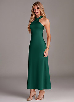 Azazie Doretta 신부 들러리 드레스 인어 주름진 스트레치 새틴 발목 길이 드레스 image4