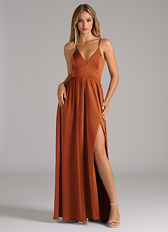 Azazie Aaida Bridesmaid Dresses Cinnamon A-Line Corset Stretch Satin Dress image1