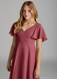 Azazie Kimber Junior Abito A-Line in Chiffon Plissettato Merlot image6